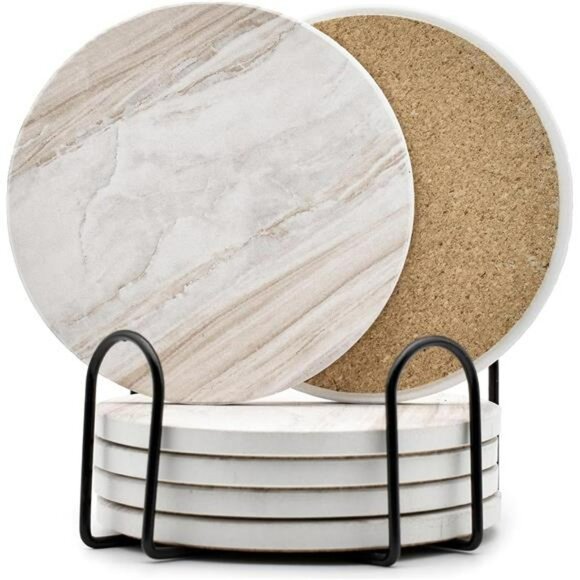 Marble Ceramic Drink Coasters Set of 6 with Holder Absorbent Coffee Table Decor - Picture 1 of 8